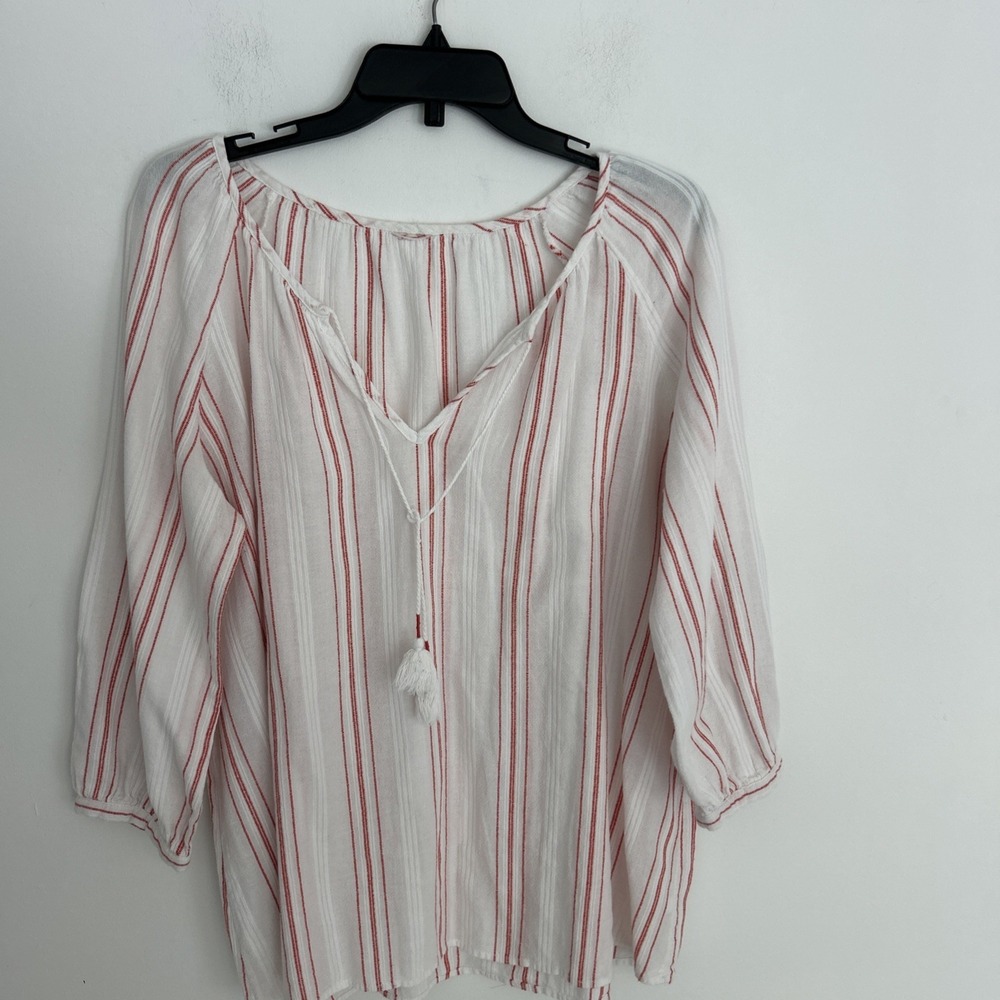 Merona Women's XXL V-Neck Red Stripe 3/4 Sleeve Peasant Boho Cotton Top